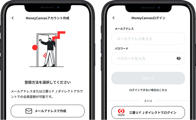 アカウント作成とMoney Canvasにログイン画面
