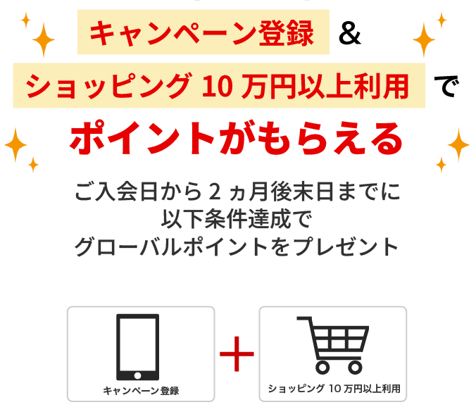 カンタン！ ログイン＆ご利用で、ポイントがもらえる ご入会日から2ヵ月後末日までに  以下条件達成でグローバルポイントをプレゼント。アプリログイン+ショッピング利用 プレゼント時期 入会日から4ヵ月後の下旬 （ご確認は入会日から5ヵ月後のご請求明細をご覧ください）