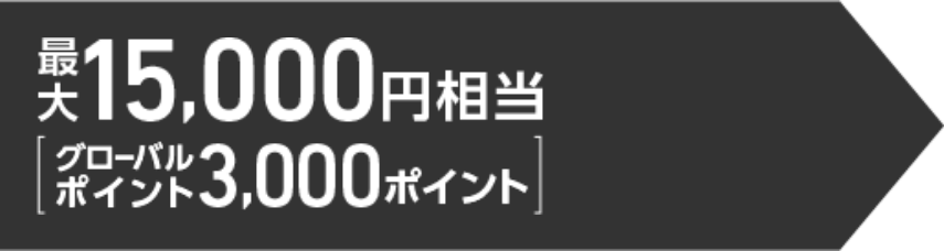 最大15,000円相当（グローバルポイント3,000ポイント）