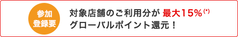参加登録要 対象店舗のご利用で最大15%(*)グローバルポイント還元!