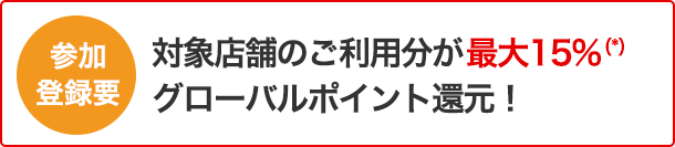 参加登録要 対象店舗のご利用で最大15%(*)グローバルポイント還元!