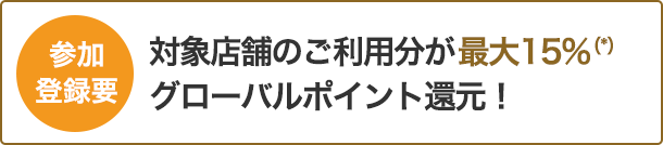 参加登録要 対象店舗のご利用で最大15%(*)グローバルポイント還元!