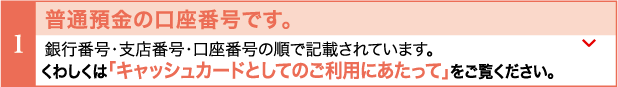 普通預金の口座番号です。銀行番号・支店番号・口座番号の順で記載されています。くわしくは「キャッシュカードとしてのご利用にあたって」をご覧ください。