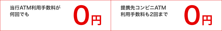 優遇内容:優遇適用期間中の20日から翌月19日までが対象となります。当行ATM利用手数料が何回でも0円 提携先コンビニATM*利用手数料も2回まで0円 セブン銀行ATM ローソンATM コンビニATM E.net