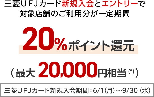 三菱ＵＦＪカード新規入会とエントリーで対象店舗のご利用分が一定期間20%ポイント還元（最大20,000円相当（*）） 三菱ＵＦＪカード新規入会期間：6/1（月）～9/30（水）