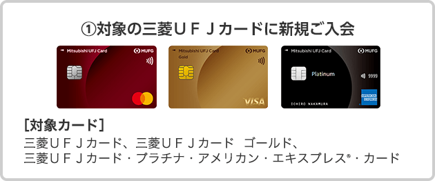 ①対象の三菱ＵＦＪカードに新規ご入会 ［対象カード］三菱ＵＦＪカード、三菱ＵＦＪカード ゴールド、 三菱ＵＦＪカード・プラチナ・アメリカン・エキスプレス®・カード