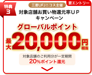 特典3 三菱UFJニコス主催対象店舗お買い物還元率ＵＰキャンペーン グローバルポイント最大20,000円相当 対象店舗のご利用分が一定期間 20％ポイント還元