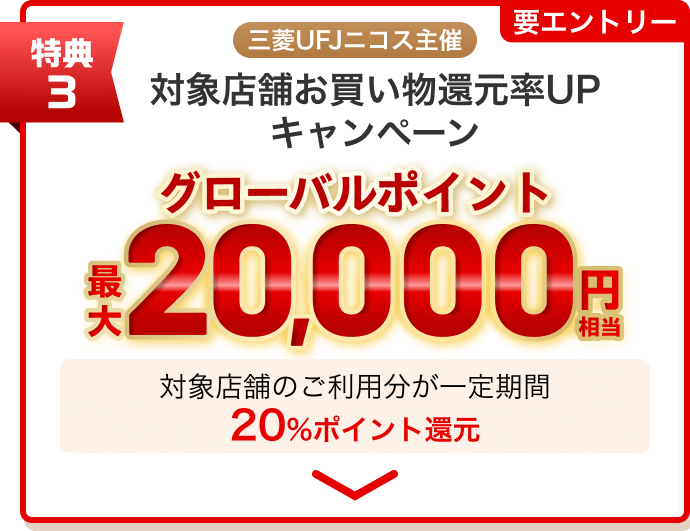 特典3 三菱UFJニコス主催対象店舗お買い物還元率ＵＰキャンペーン グローバルポイント最大20,000円相当 対象店舗のご利用分が一定期間 20％ポイント還元