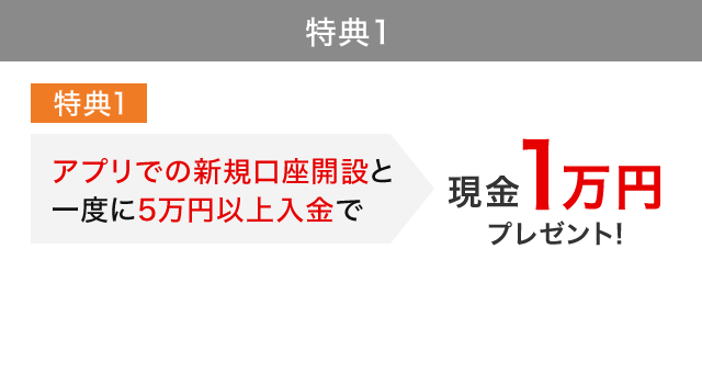 特典１ アプリでの新規口座開設と一度に5万円以上入金で現金1万円プレゼント!