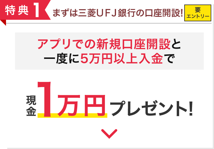 特典1 まずはアプリで口座開設＆入金! 要エントリー アプリでの新規口座開設と一度に5万円以上入金で現金1万円プレゼント!