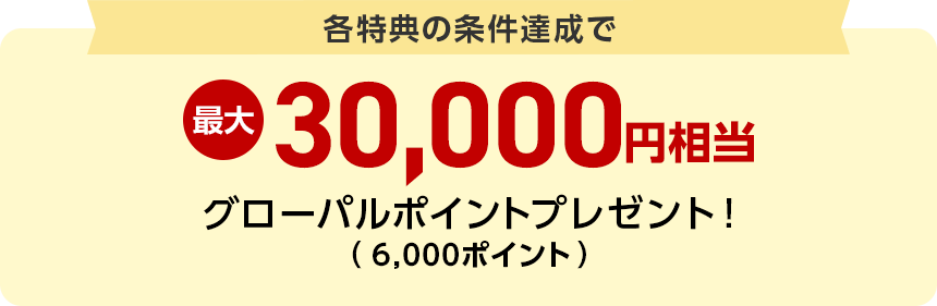 各特典の条件達成で最大30,000円相当グローバルポイントプレゼント！（6,000ポイント）