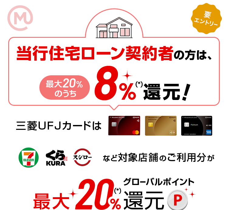 当行住宅ローン契約者の方は、最大20％のうち8％(*)還元！ 三菱ＵＦＪカードはセブンイレブン、くら寿司、スシローなど対象店舗のご利用分が最大20％(*)グローバルポイント還元 要エントリー