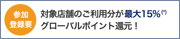 参加登録要　対象店舗のご利用で最大15％(*)グローバルポイント還元！
