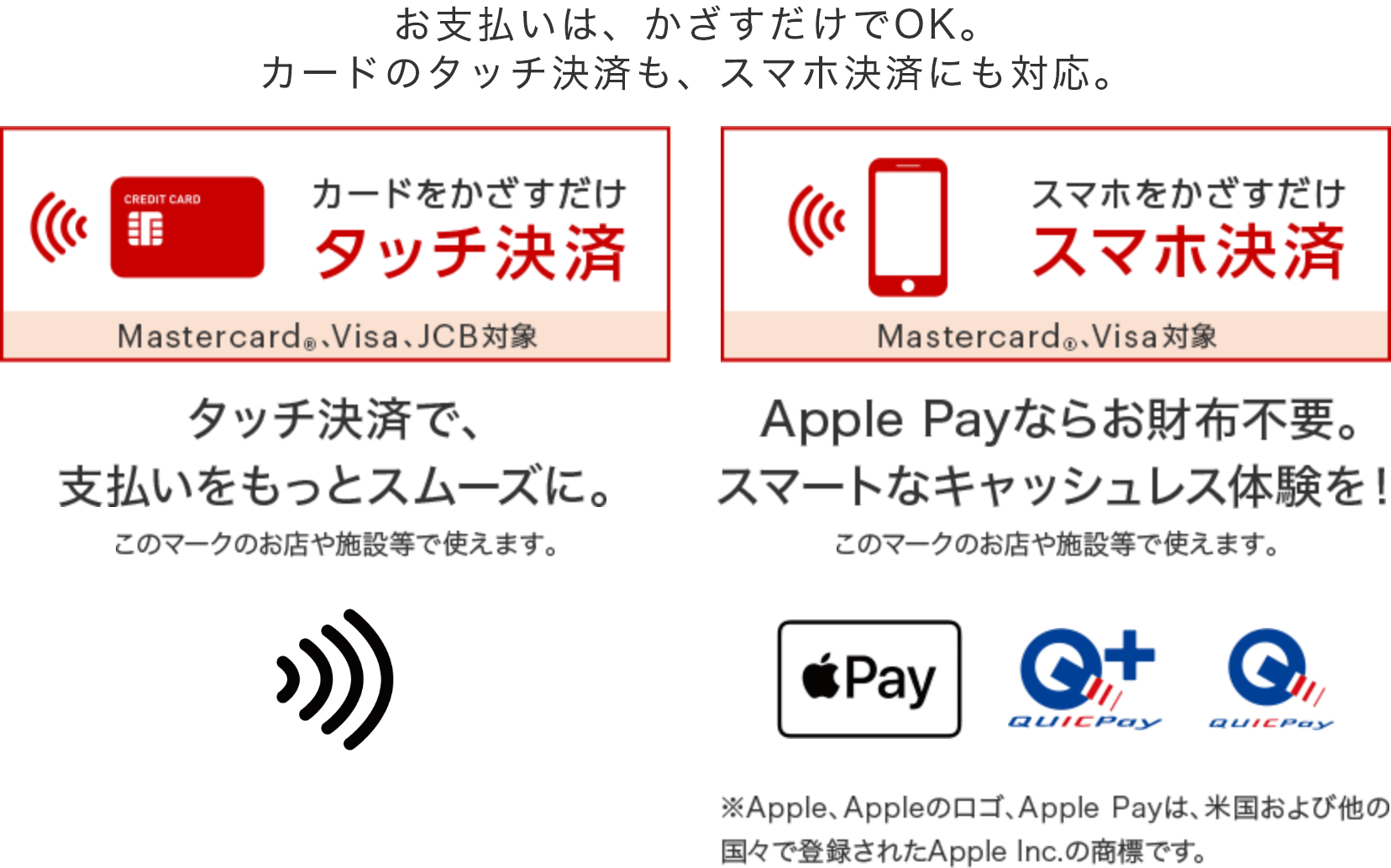 お支払いはかざすだけでOK。カードのタッチ決済も、スマホ決済にも対応。