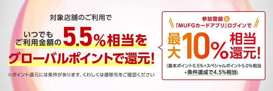 対象店舗のご利用でいつでもご利用金額の5.5％相当（※）をグローバルポイントで還元！（※）1ポイント5円相当の商品に交換の場合※ポイント還元には条件があります。詳しくは遷移先をご確認ください　参加登録＆「MUFGカードアプリ」ログインで最大10％相当還元！（基本ポイント0.5％+スペシャルポイント5.0％相当+条件達成で4.5％相当）