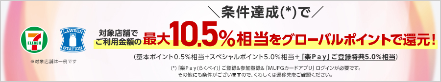 条件達成で　 対象店舗でご利用金額の最大10.5%相当をグローバルポイントで還元！
