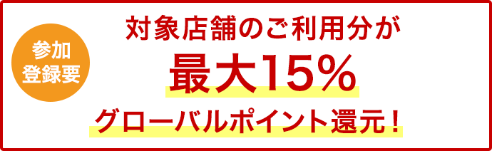 参加登録要　対象店舗のご利用が最大15％グローバルポイント還元！
