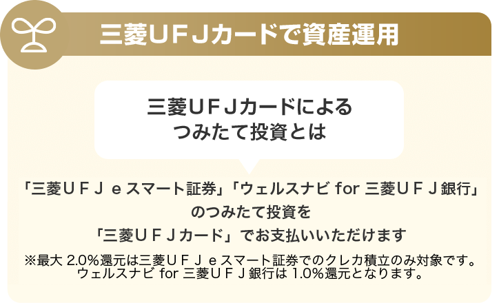三菱ＵＦＪカードで資産運用 三菱ＵＦＪカードによるつみたて投資とは 「三菱ＵＦＪ eスマート証券」「ウェルスナビ for 三菱ＵＦＪ銀行」のつみたて投資を「三菱ＵＦＪカード」でお支払いいただけます ※最大2.0％還元は三菱UFJ eスマート証券でのクレカ積立のみ対象です。ウェルスナビ for 三菱ＵＦＪ銀行は1.0％還元となります。