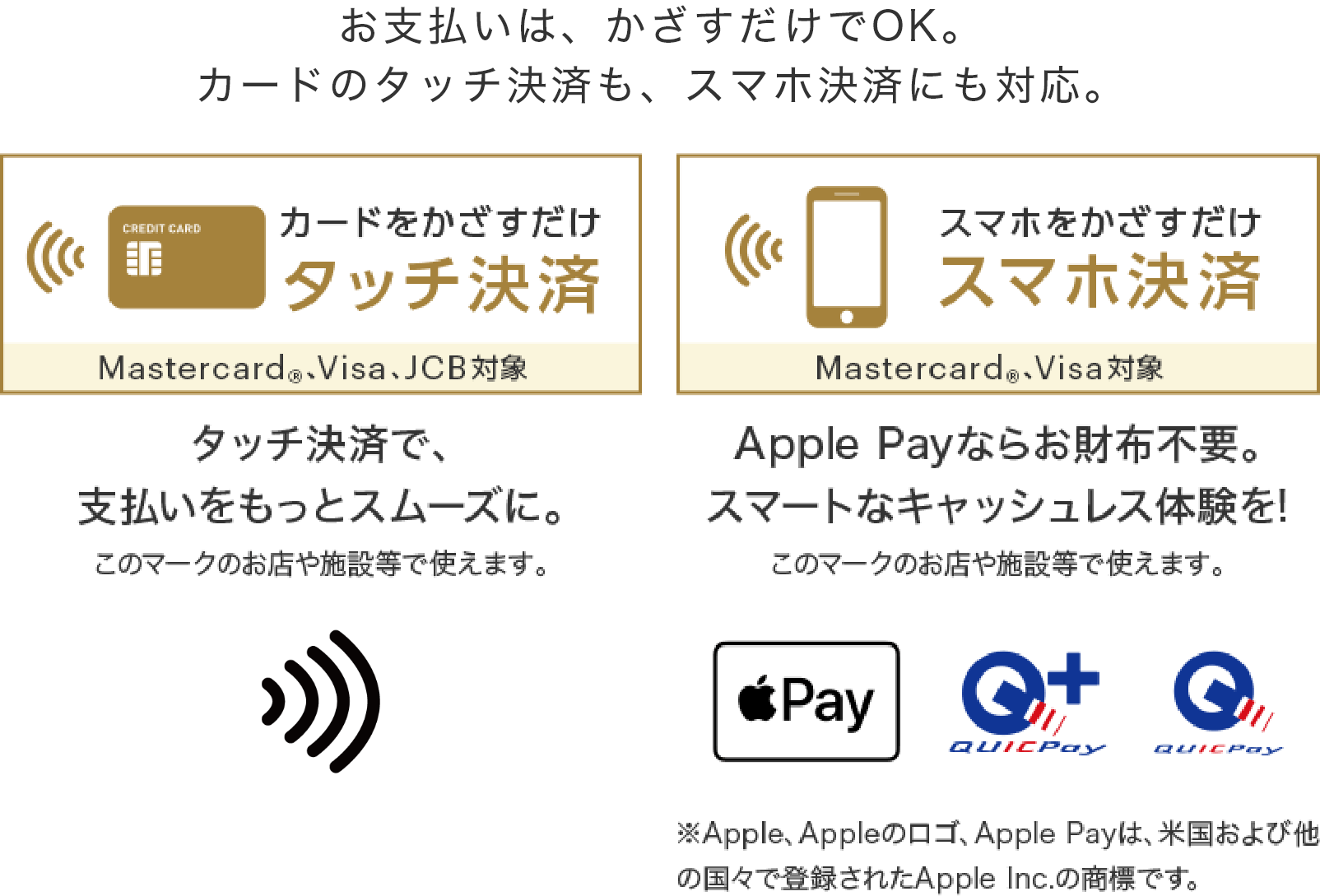 お支払いはかざすだけでOK。カードのタッチ決済も、スマホ決済にも対応。