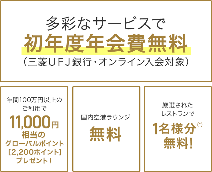 多彩なサービスで初年度年会費無料 (三菱UFJ銀行・オンライン入会対象)通常年会費11,000円（消費税込）　年間100万円以上のご利用で11,000円相当のグローバルポイント[2,200ポイント]プレゼント!国内空港ラウンジ無料!厳選された レストランで1名様分(※2)無料!