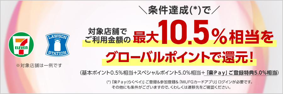 条件達成で　 対象店舗でご利用金額の最大10.5%相当をグローバルポイントで還元！