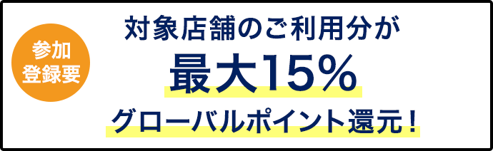参加登録要　対象店舗のご利用が最大15％グローバルポイント還元！