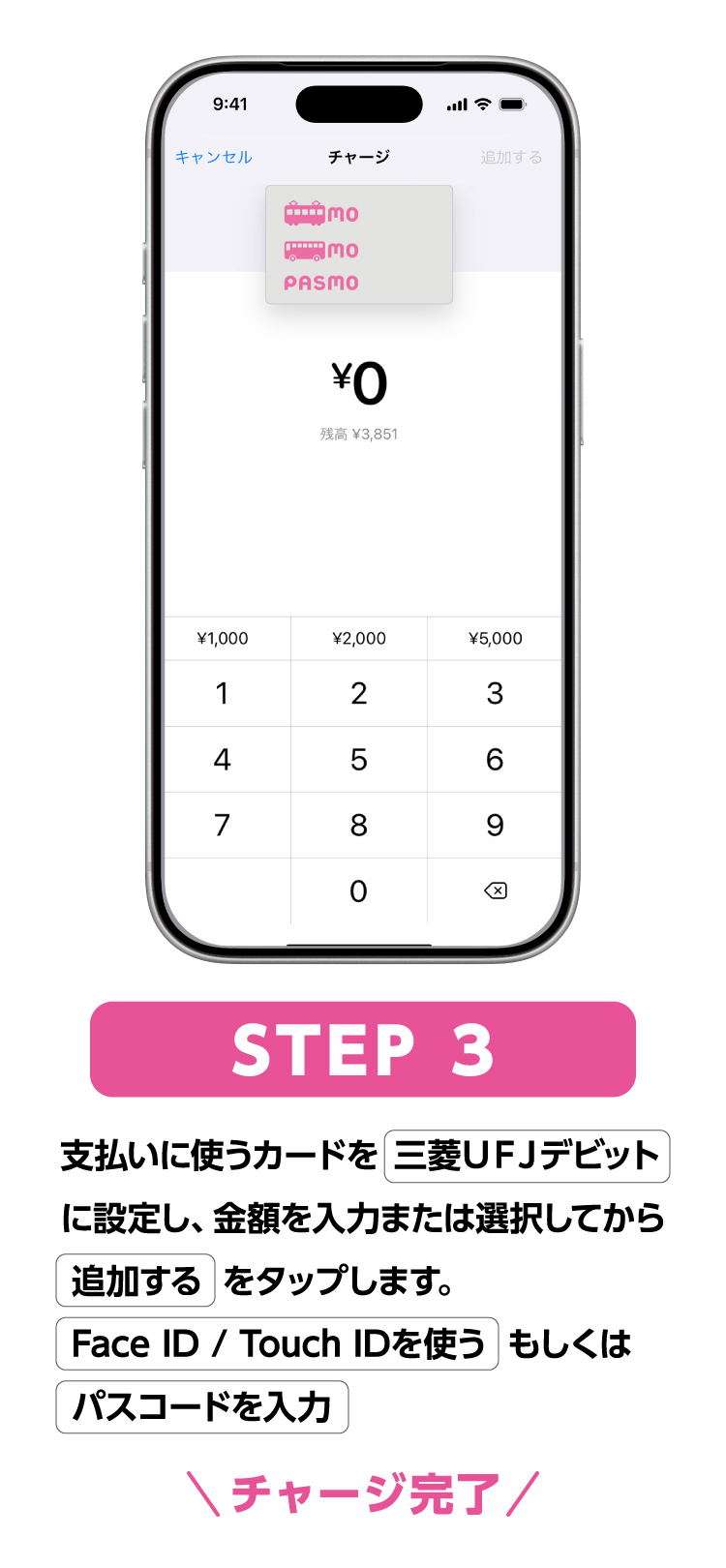 STEP3 支払いに使うカードを「三菱ＵＦＪデビット」に設定し、金額を入力または選択してから「追加する」をタップします。「Face ID/Touch IDを使う」もしくは「パスコードを入力」＼チャージ完了／