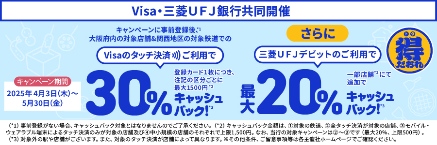 得だおれ　Visa・三菱UFJ銀行同時開催　キャンペーン事前登録後、大阪市内の対象店舗＆関西地区の対象鉄道でのVisaのタッチ決済ご利用で（30％キャッシュバック！登録カード1枚につき、注記の区分ごとに最大1500円）　さらに三菱UFJデビットのご利用で一部店舗にて追加で最大20％キャッシュバック！　キャンペーン期間は2025年4月3日木曜日から5月30日金曜日