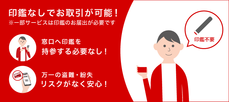 印鑑なしでお取引が可能! ※一部サービスは印鑑のお届出が必要です 窓口へ印鑑を持参する必要なし! 万一の盗難・紛失リスクがなく安心!