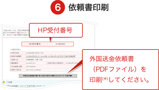 6 依頼書印刷 HP受付番号を控え、外国送金依頼書（PDFファイル）を印刷してください。外国送金依頼書は印刷してお持ちいただくこともできますが、窓口でご用意することもできます。ご希望のお客さまは、画面に表示されるHP受付番号を窓口にお伝えください。