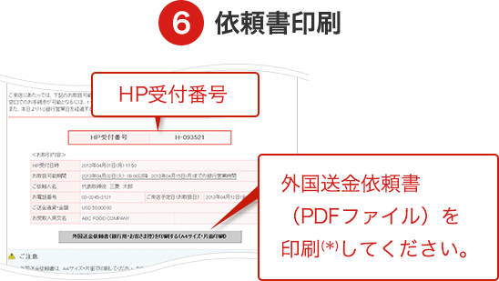 6 依頼書印刷 HP受付番号を控え、外国送金依頼書(PDFファイル)を印刷してください。外国送金依頼書は印刷してお持ちいただくこともできますが、窓口でご用意することもできます。ご希望のお客さまは、画面に表示されるHP受付番号を窓口にお伝えください。