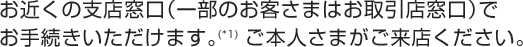 お近くの支店窓口（一部のお客さまはお取引店窓口）でお手続きいただけます。ご本人さまがご来店ください。