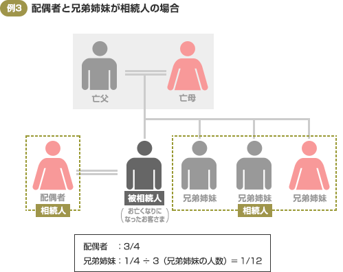 例3 配偶者と兄弟姉妹が相続人の場合 配偶者：3/4 兄弟姉妹：1/4÷3（兄弟姉妹の人数）＝1/12